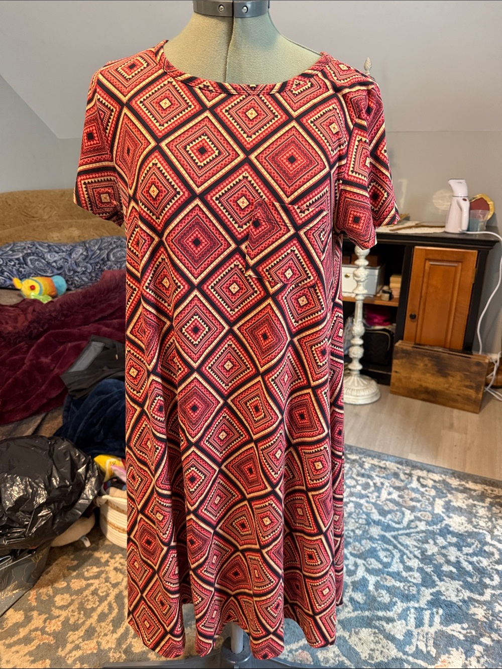 LuLaRoe Carly High-Low Dress in Pink and Black Geometric